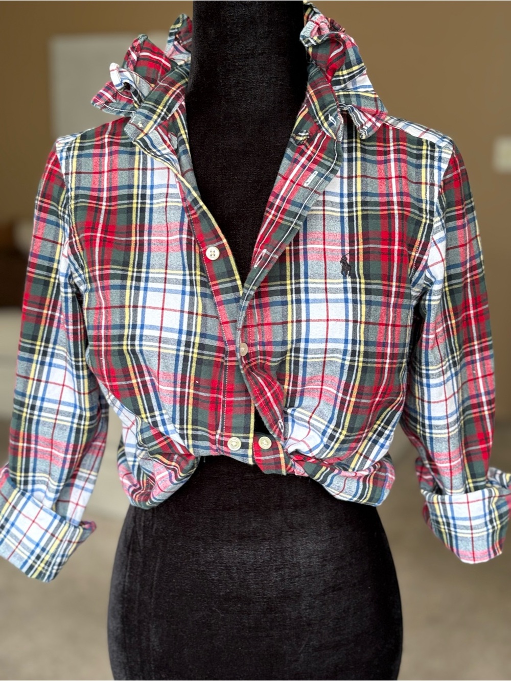 Reworked Ralph Lauren Plaid Ruffle Collar Button-Front Kids Top - girls L